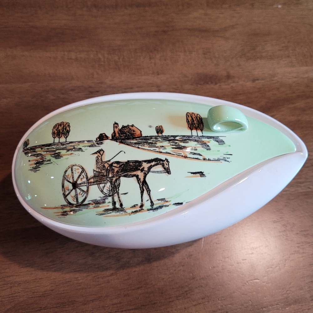 Vintage Asian Oriental serving bowl with lid mint green and white